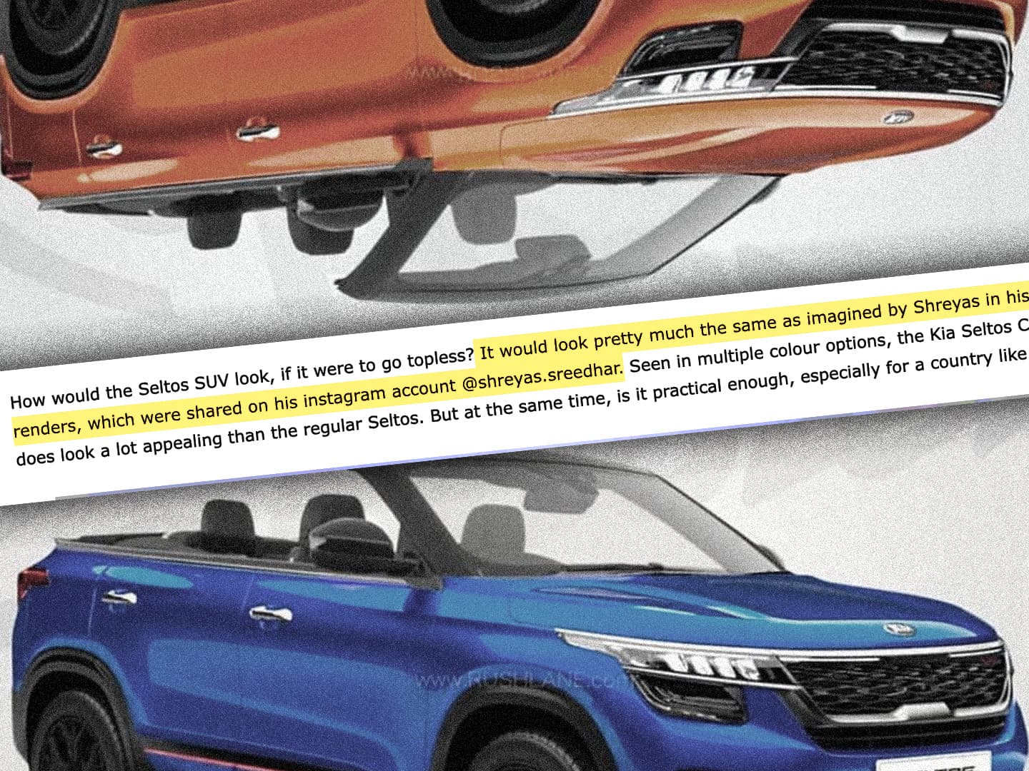 A blue convertible SUV render below a sketch of the same car inverted, with an angled band of body copy between them.