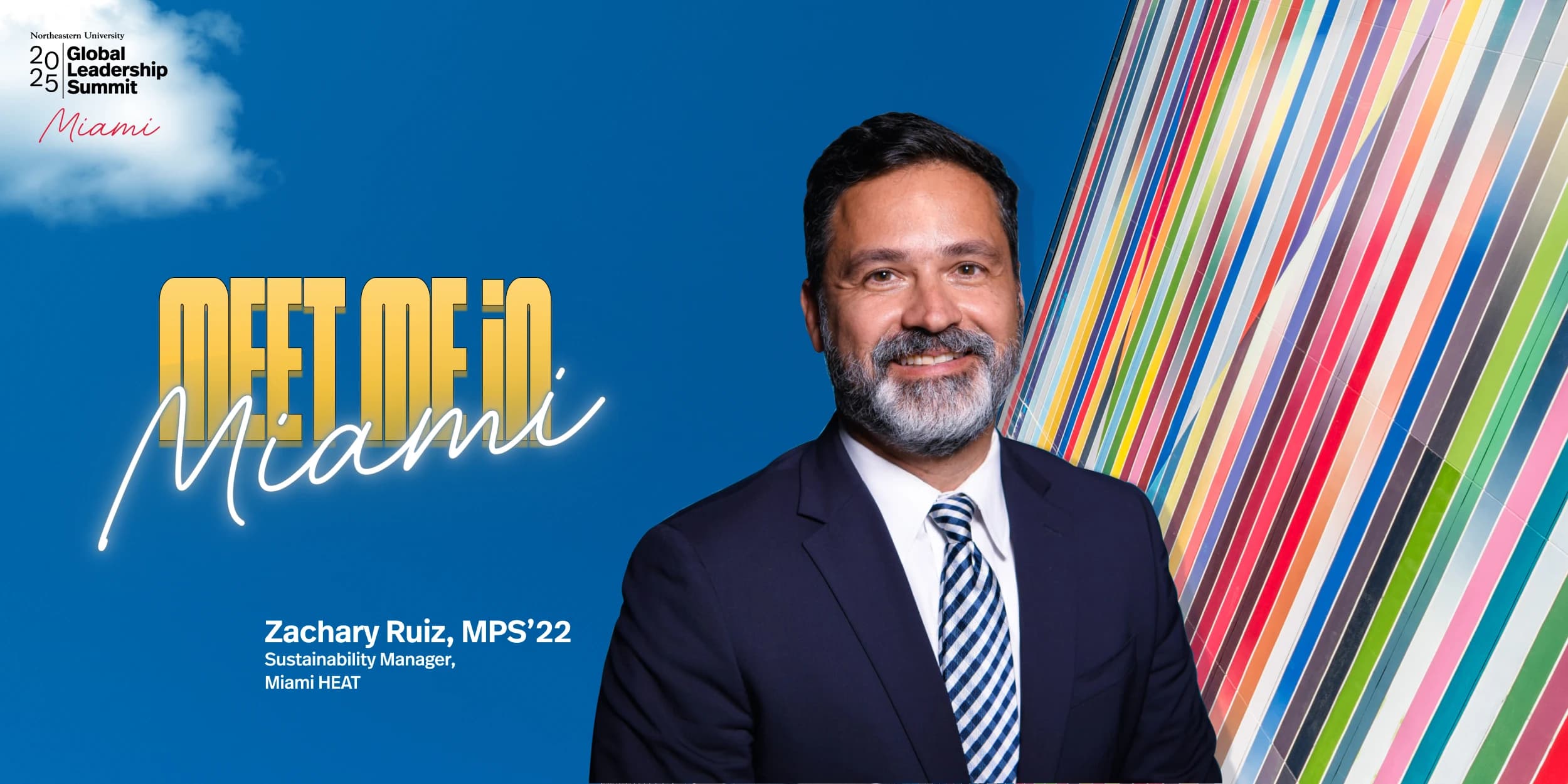 Summit graphic with a speaker portrait against a rainbow-striped background and script lettering reading “Meet me in Miami”.