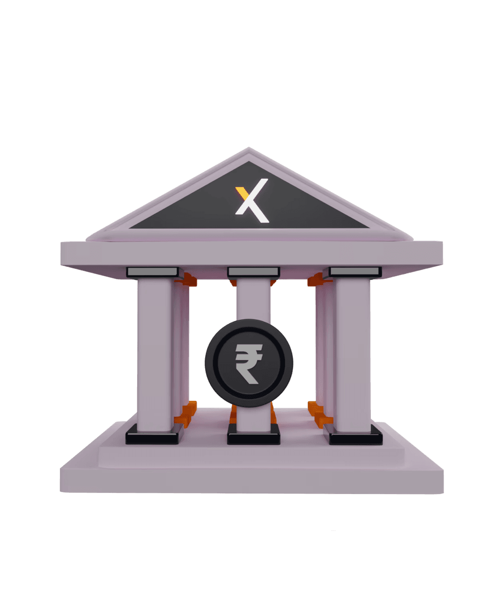 A 3D render of a neoclassical bank building with columns and a rupee coin set into its face.