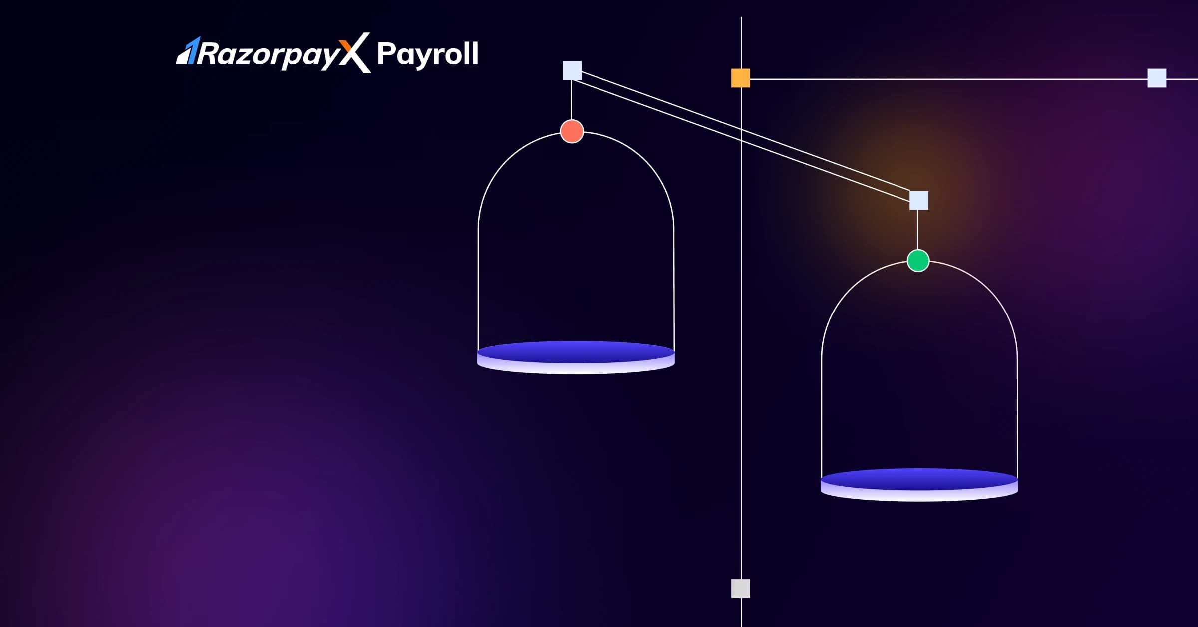 A geometric balance scale in white line on a dark purple field, with the RazorpayX Payroll wordmark in the corner.