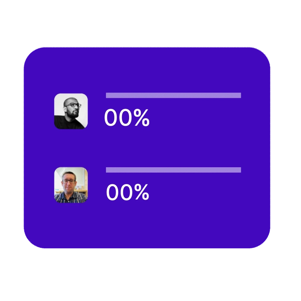 A purple rounded card with two stacked rows, each an avatar beside a bar and the label 00%.