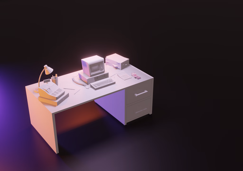 A pastel 3D render of a desk with a retro computer, lamp and printer, lit in pink and purple against black.