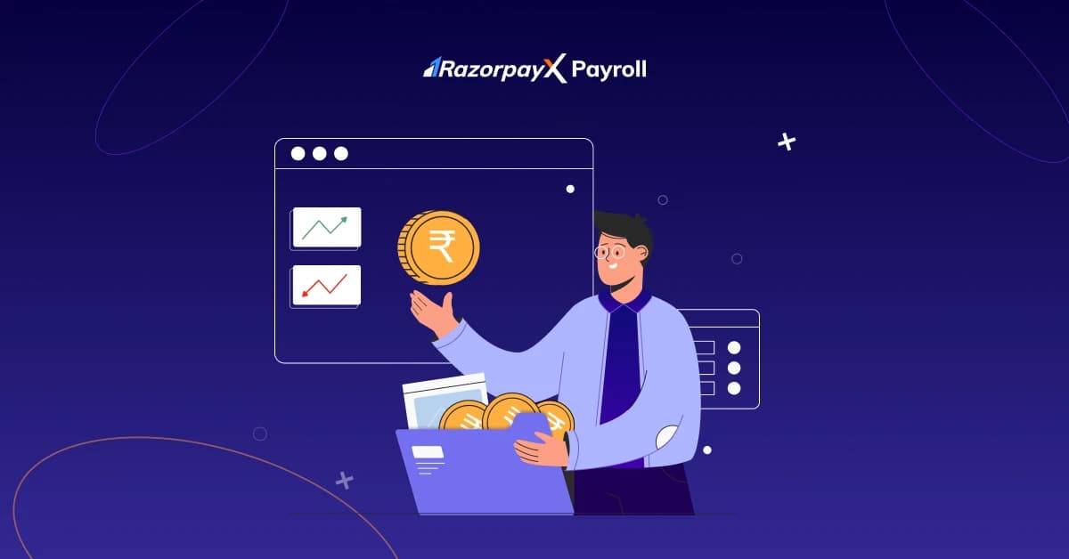A man in a blue jacket holding a rupee coin and a folder of coins, in front of a dashboard window, under the RazorpayX Payroll wordmark.