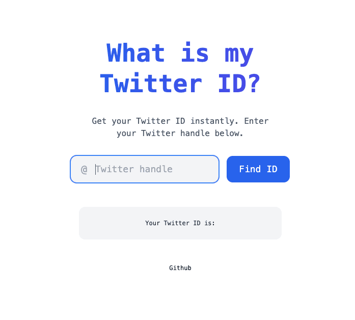 A minimal tool page in blue monospace type with a handle input and a Find ID button.