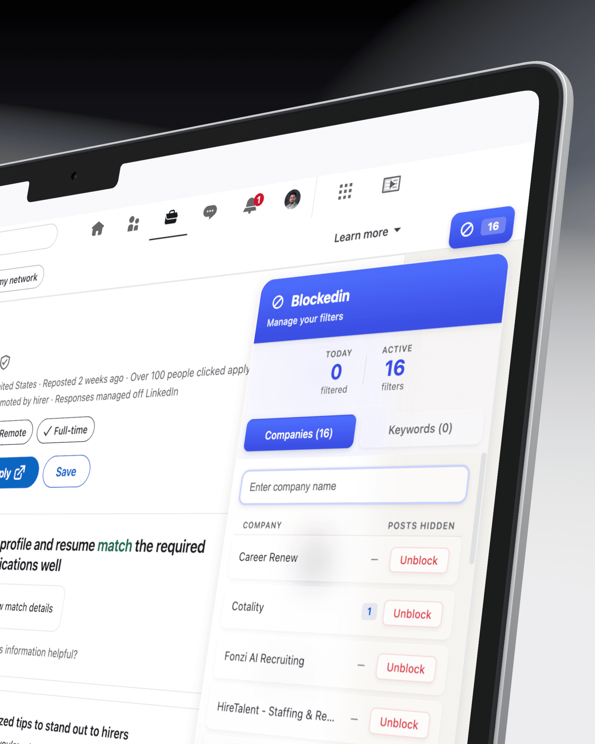 A laptop showing LinkedIn with the BlockedIn panel open: 16 company filters, Manage your filters.
