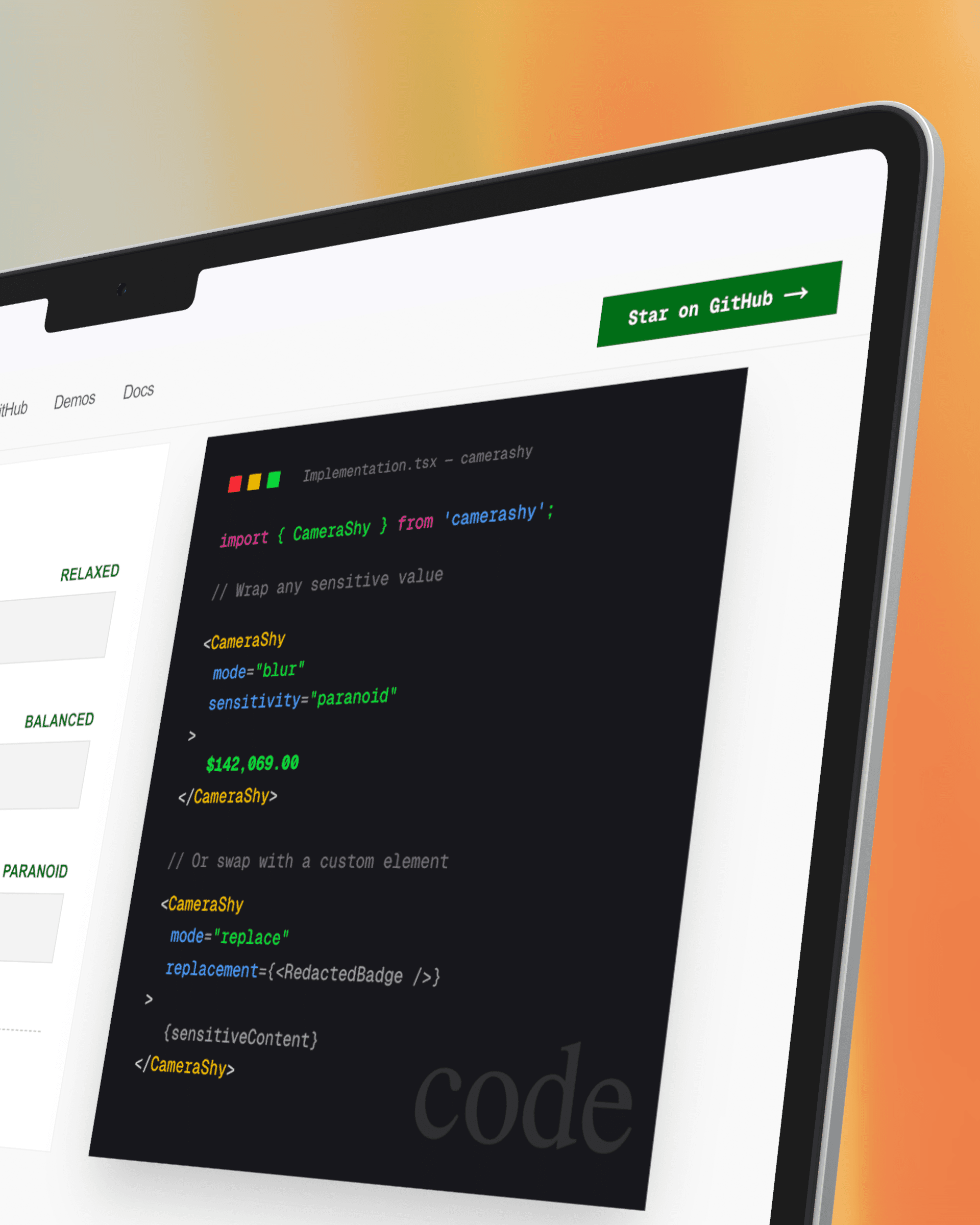 A laptop showing the CameraShy site, with a code window open on Implementation.tsx wrapping $142,069.00 in a CameraShy blur.