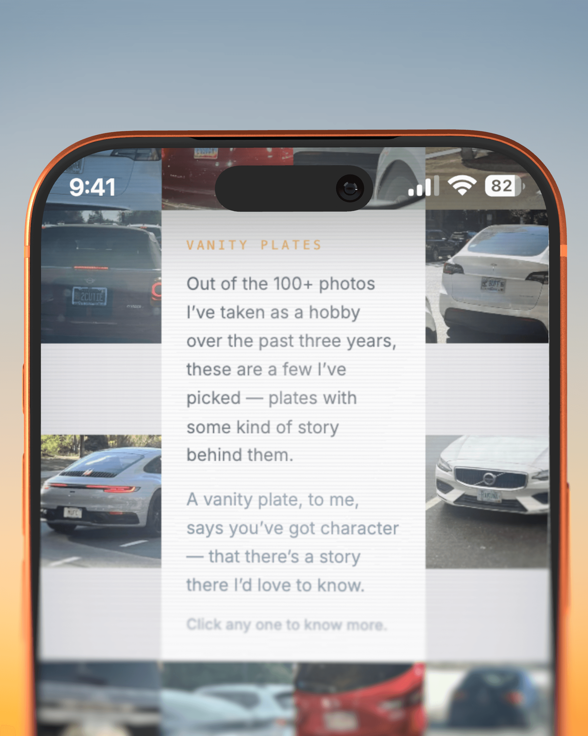 A phone showing the Vanity Plates page: a frosted card over a grid of license-plate photos.