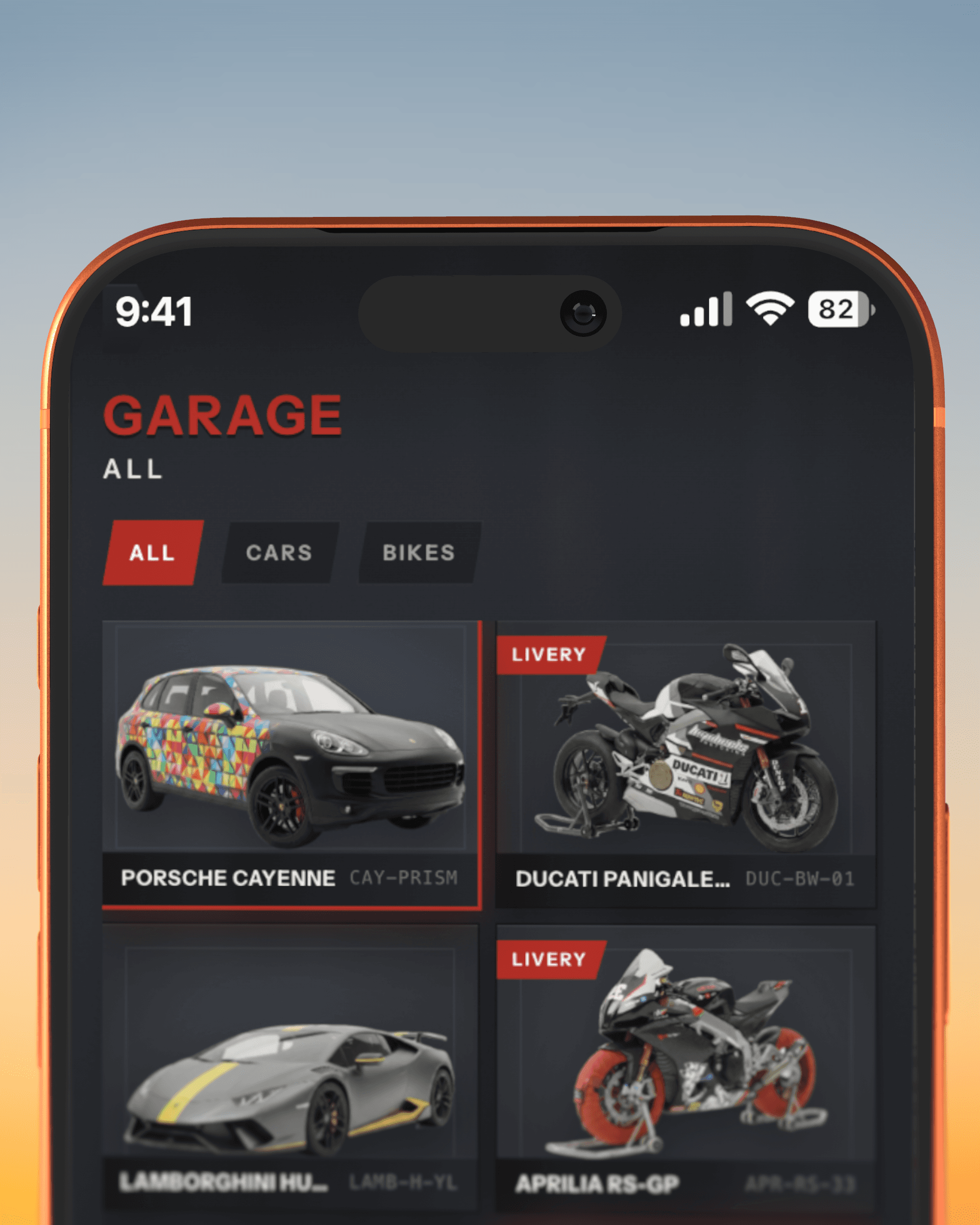 A phone showing the Garage: a Porsche Cayenne prism wrap, a Ducati, a Lamborghini, and an Aprilia.